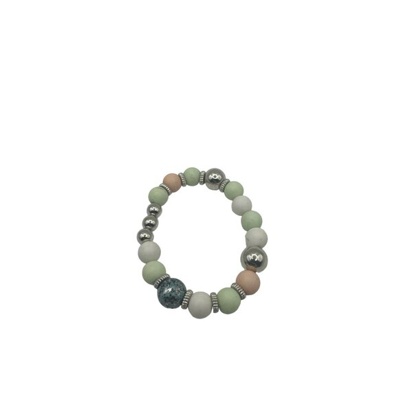 Pastel Green and Pink Beaded Stretch Bracelet Silver Accents 6 inch - Picture 5 of 5